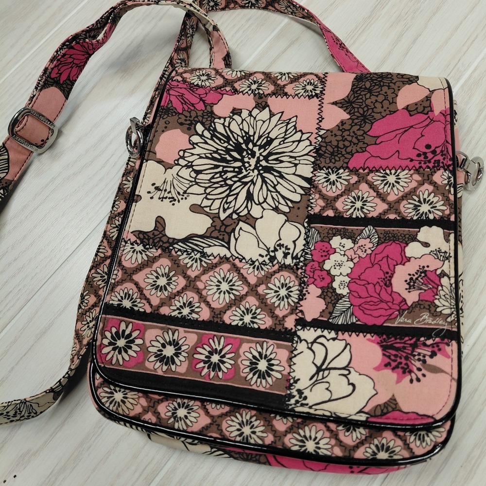 Vera Bradley Quilted Floral Crossbody Bag Pink Brown Adjustable Strap Pockets